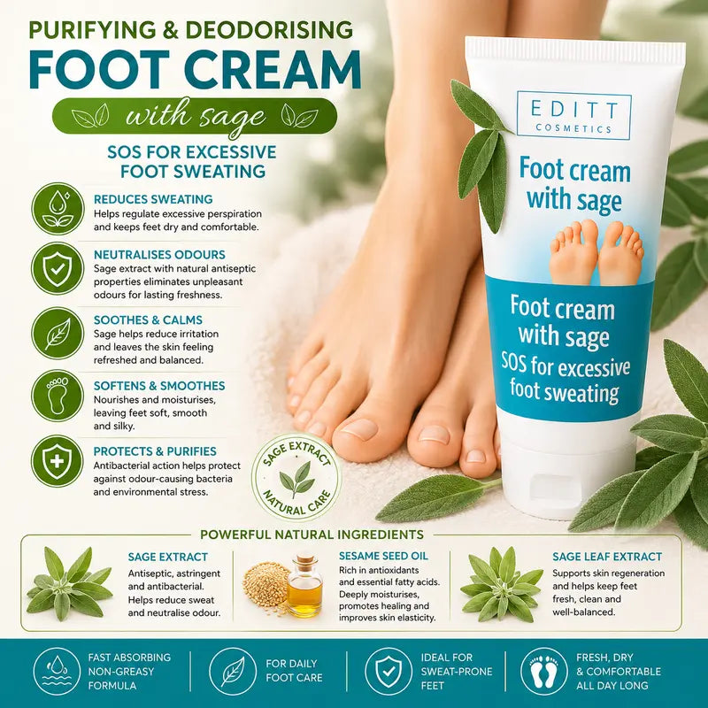 Purifying & Deodorising Foot Cream Sage Antiseptic Odour-Neutralising & Soothing Formula for Sweat-Prone Feet