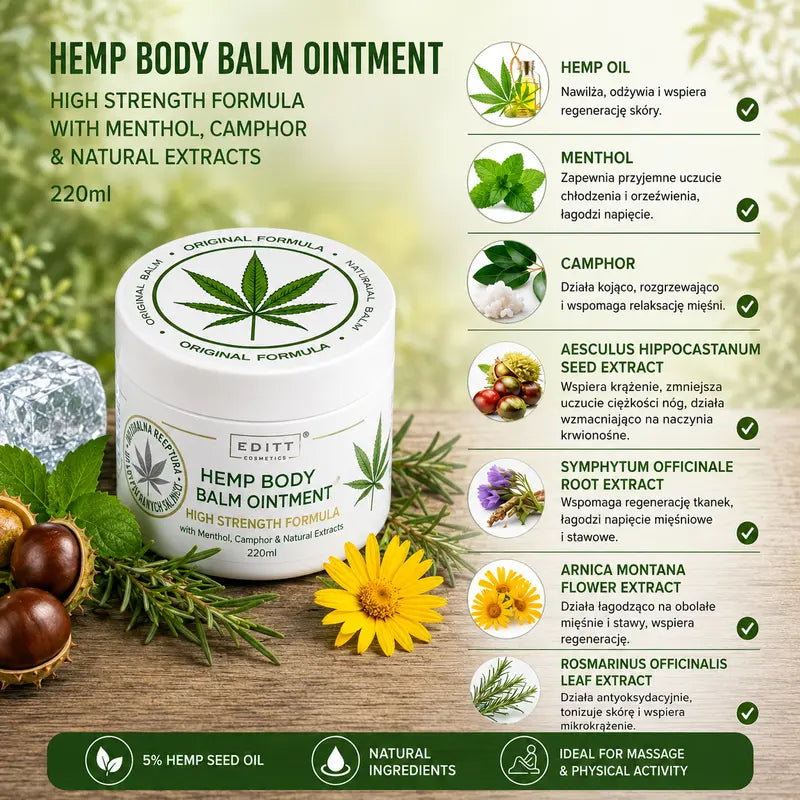 Natural Hemp Body Balm, enriched with natural herbal extracts, mentol, camphor and hemp seed oil