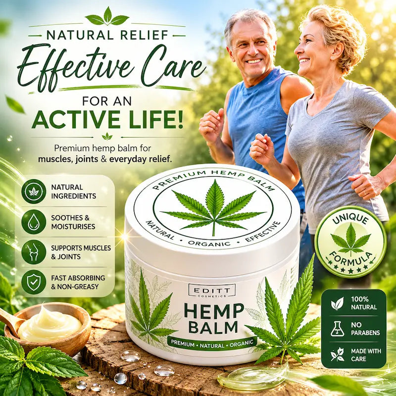 Natural Hemp Body Balm, enriched with natural herbal extracts, mentol, camphor and hemp seed oil