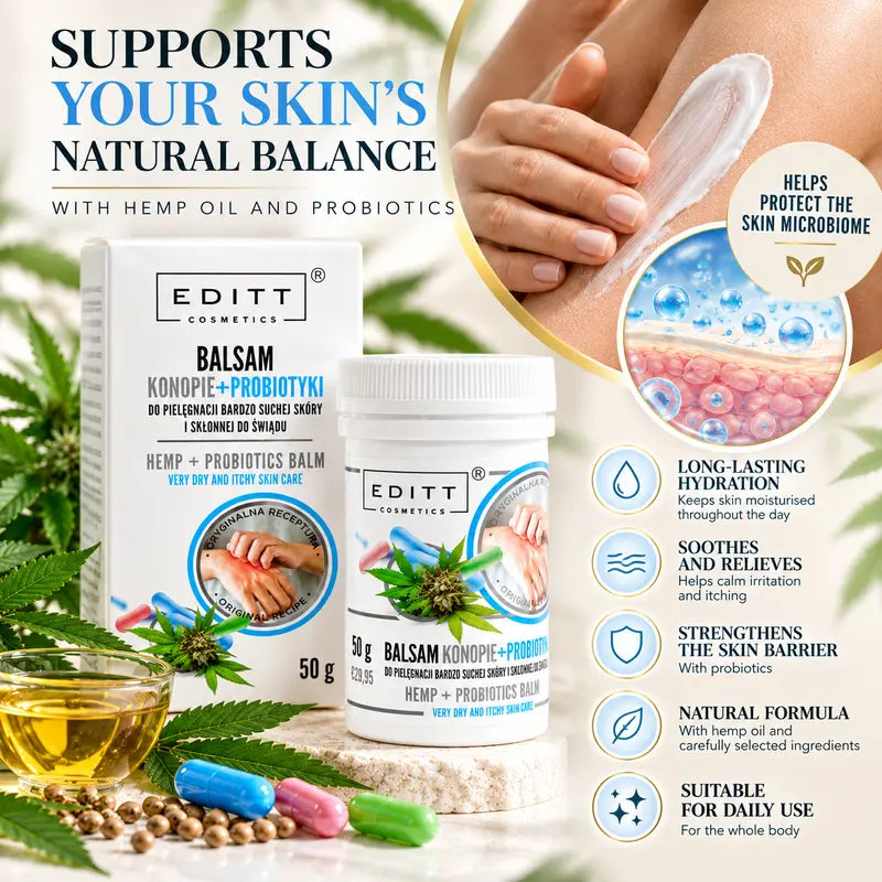 Hemp & Probiotics Body Balm for Very Dry, Itchy Skin Moisturising Barrier Care with Hemp Seed Oil, Shea Butter & Glycerin 50g