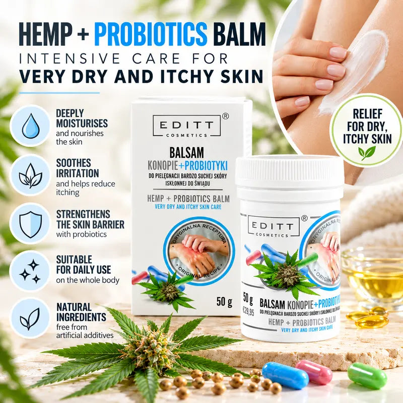 Hemp & Probiotics Body Balm for Very Dry, Itchy Skin Moisturising Barrier Care with Hemp Seed Oil, Shea Butter & Glycerin 50g