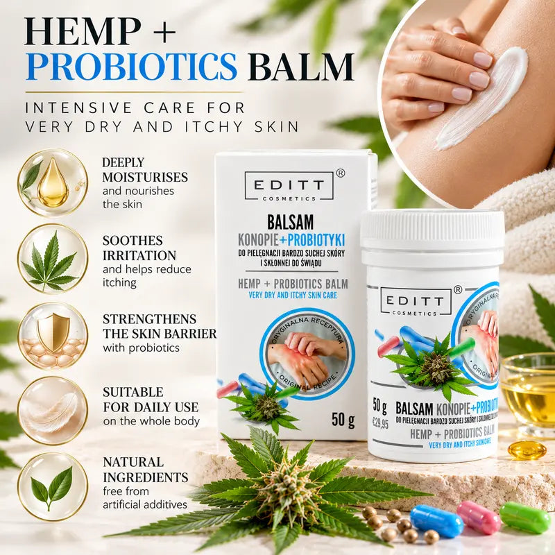 Hemp & Probiotics Body Balm for Very Dry, Itchy Skin Moisturising Barrier Care with Hemp Seed Oil, Shea Butter & Glycerin 50g