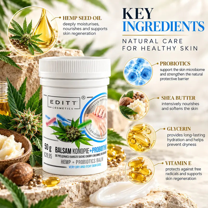 Hemp & Probiotics Body Balm for Very Dry, Itchy Skin Moisturising Barrier Care with Hemp Seed Oil, Shea Butter & Glycerin 50g