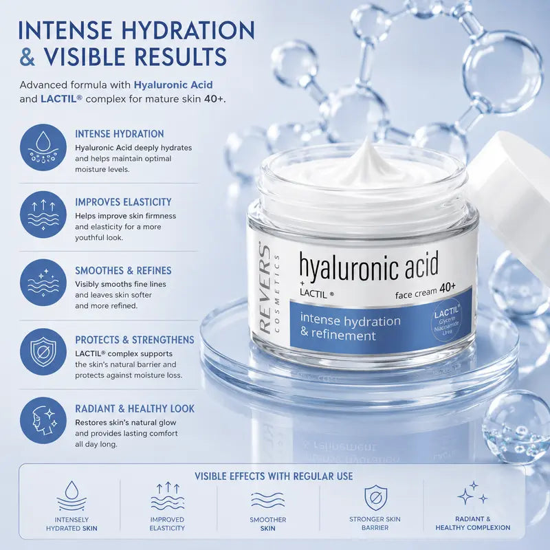 Hyaluronic Acid Face Cream 40+ Hydrating & Firming Moisturiser Mature Skin Care Daily Hydration & Skin Barrier Support 50ml