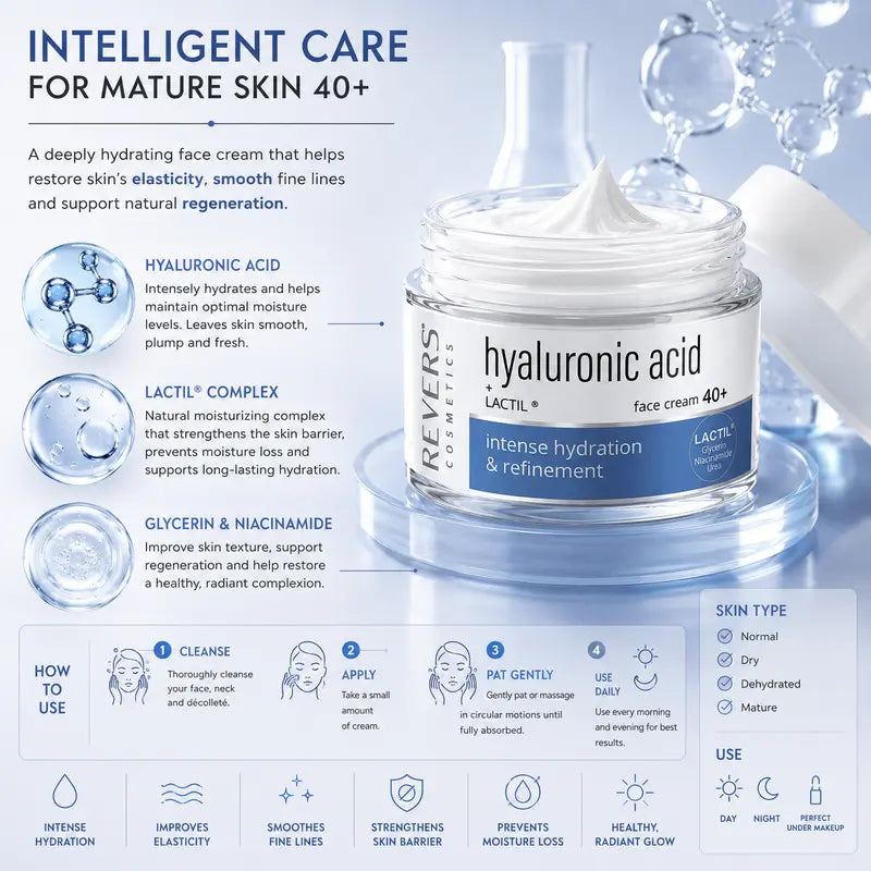 Hyaluronic Acid Face Cream 40+ Hydrating & Firming Moisturiser Mature Skin Care Daily Hydration & Skin Barrier Support 50ml