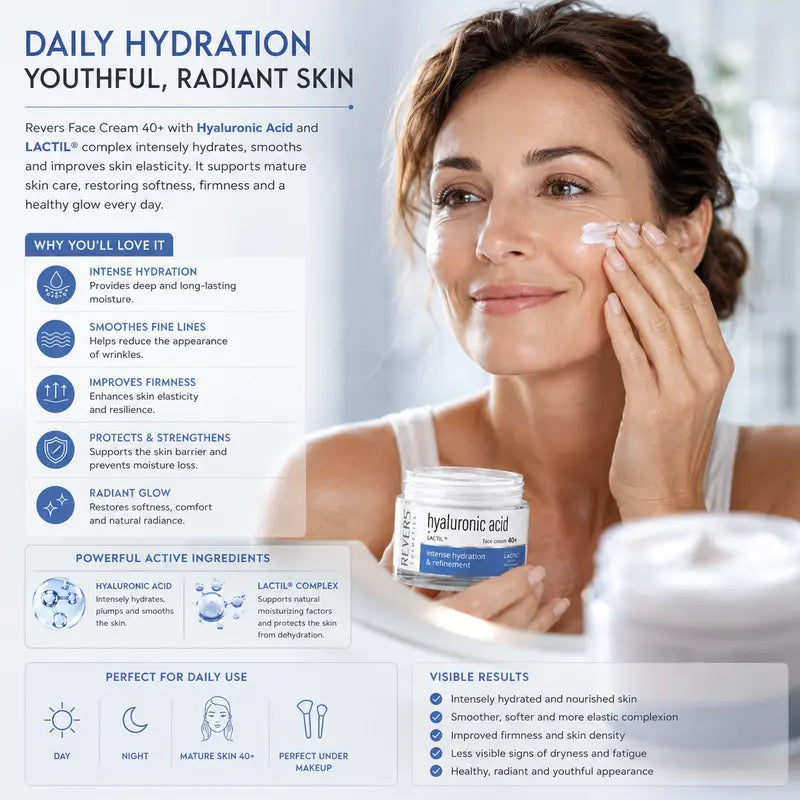 Hyaluronic Acid Face Cream 40+ Hydrating & Firming Moisturiser Mature Skin Care Daily Hydration & Skin Barrier Support 50ml
