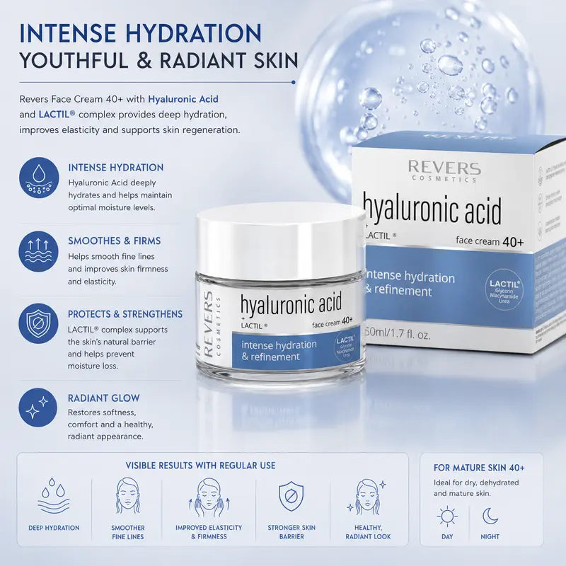 Hyaluronic Acid Face Cream 40+ Hydrating & Firming Moisturiser Mature Skin Care Daily Hydration & Skin Barrier Support 50ml