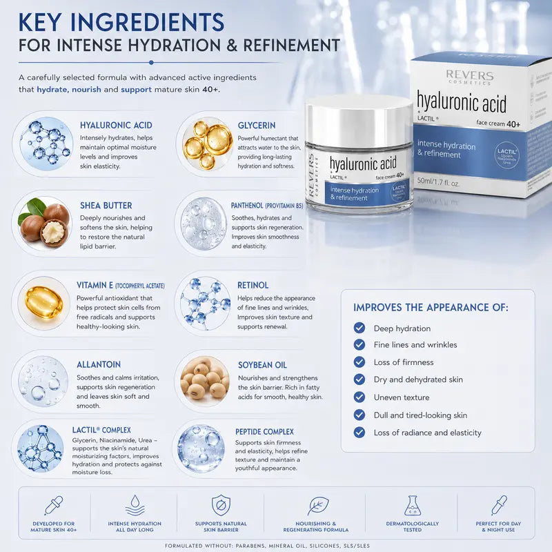 Hyaluronic Acid Face Cream 40+ Hydrating & Firming Moisturiser Mature Skin Care Daily Hydration & Skin Barrier Support 50ml