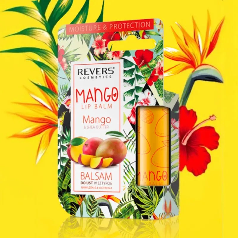 Mango lip balm packaging with floral design on a yellow background