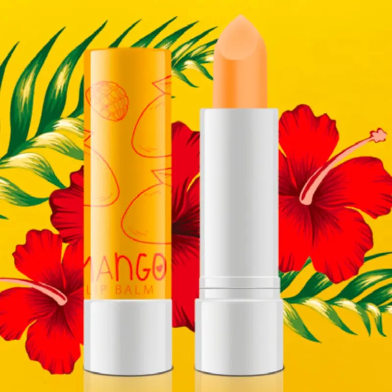 Mango Lip balm with mango flavor on a yellow background with red flowers and green leaves