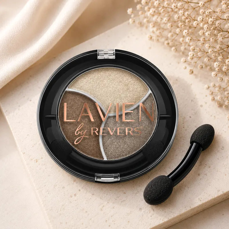 Champagne Taupe TRIO Shimmer Eyeshadow Palette Longwear Velvet Eye Shadows Dual-Ended Applicator Brush
