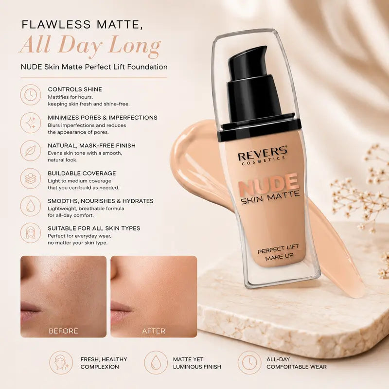 NUDE Skin Matte Perfect Lift Foundation Mattifying Liquid Makeup Buildable Coverage 30ml