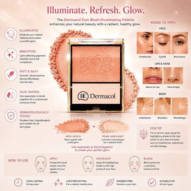 Dermacol Pink Light Blush Highlighter Duo Palette Illuminating Face & Body Powder Radiant Natural Glow
