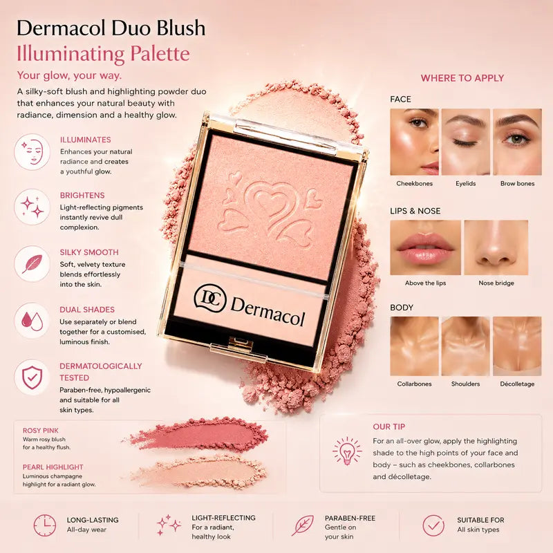 Dermacol Soft Rose Blush Highlighter Duo Palette Illuminating Face & Body Powder Radiant Natural Glow