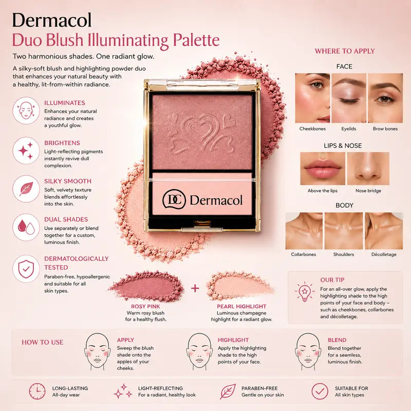 Dermacol Crystal Pink Blush Highlighter Duo Palette Illuminating Face & Body Powder Radiant Natural Glow