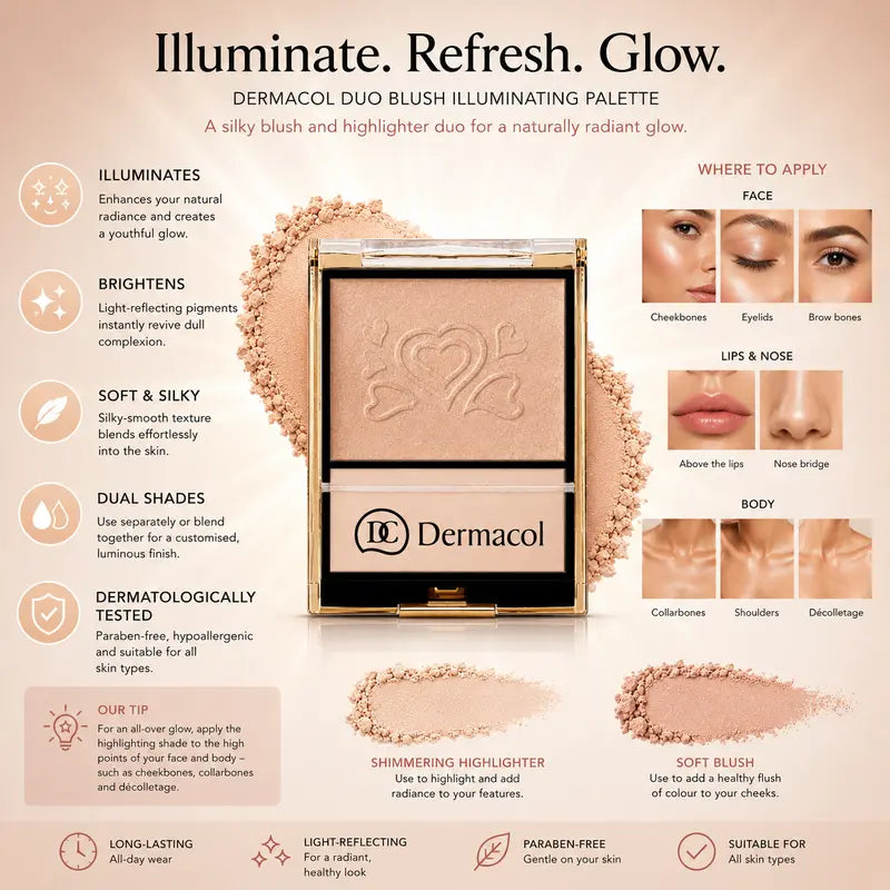 Dermacol Champagne Glow Blush Highlighter Duo Palette Illuminating Face & Body Powder Radiant Natural Glow
