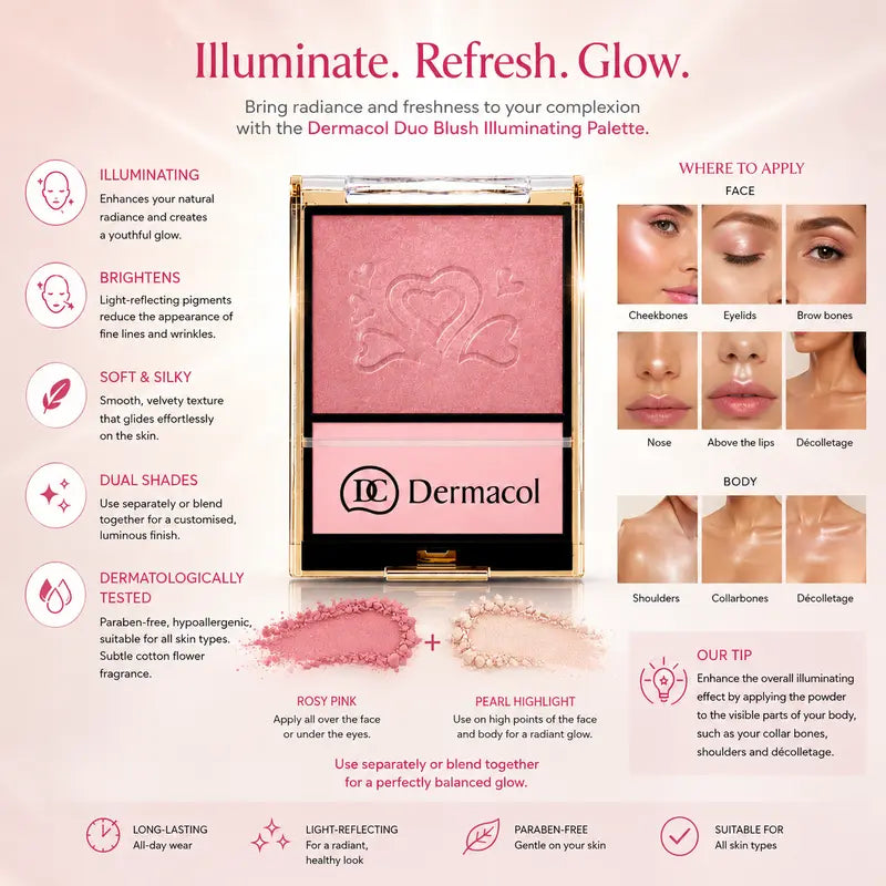Dermacol Rosewood Blush Highlighter Duo Palette Illuminating Face & Body Powder Radiant Natural Glow