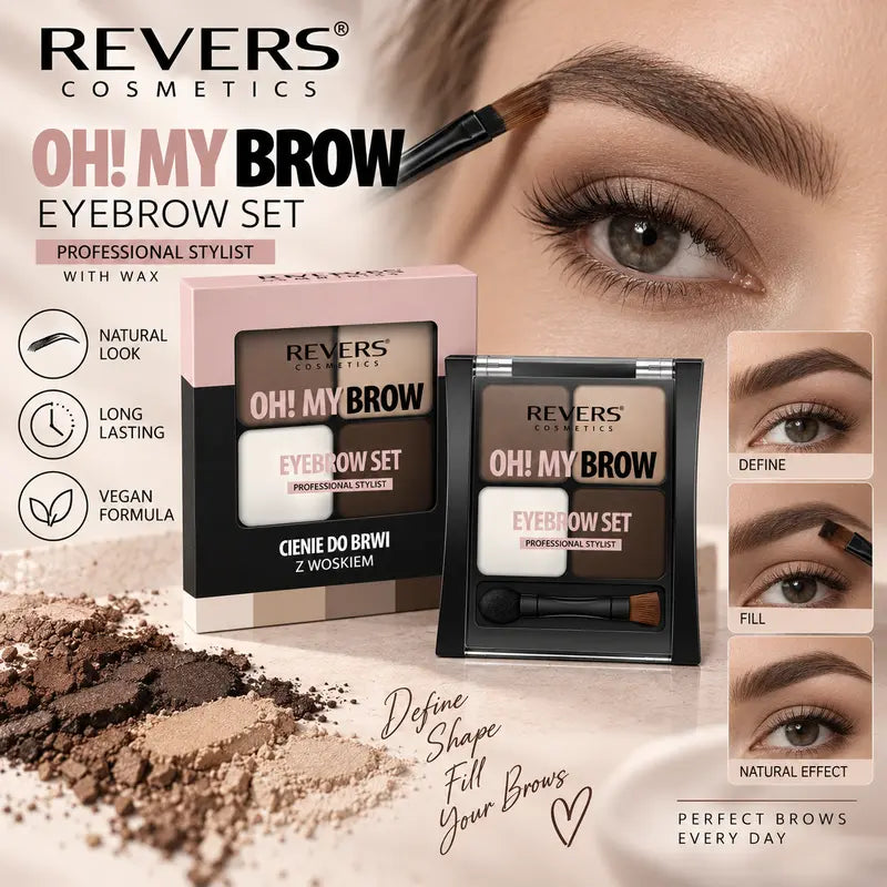 Oh! My Brow Eyebrow Powder & Wax Set 3 Brow Shadows, Setting Wax, Brush & Sponge Applicator Brow Defining, Filling &amp; Shaping Makeup Kit