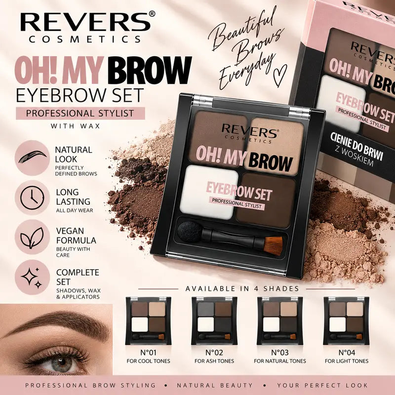 Oh! My Brow Eyebrow Powder & Wax Set 3 Brow Shadows, Setting Wax, Brush & Sponge Applicator Brow Defining, Filling &amp; Shaping Makeup Kit