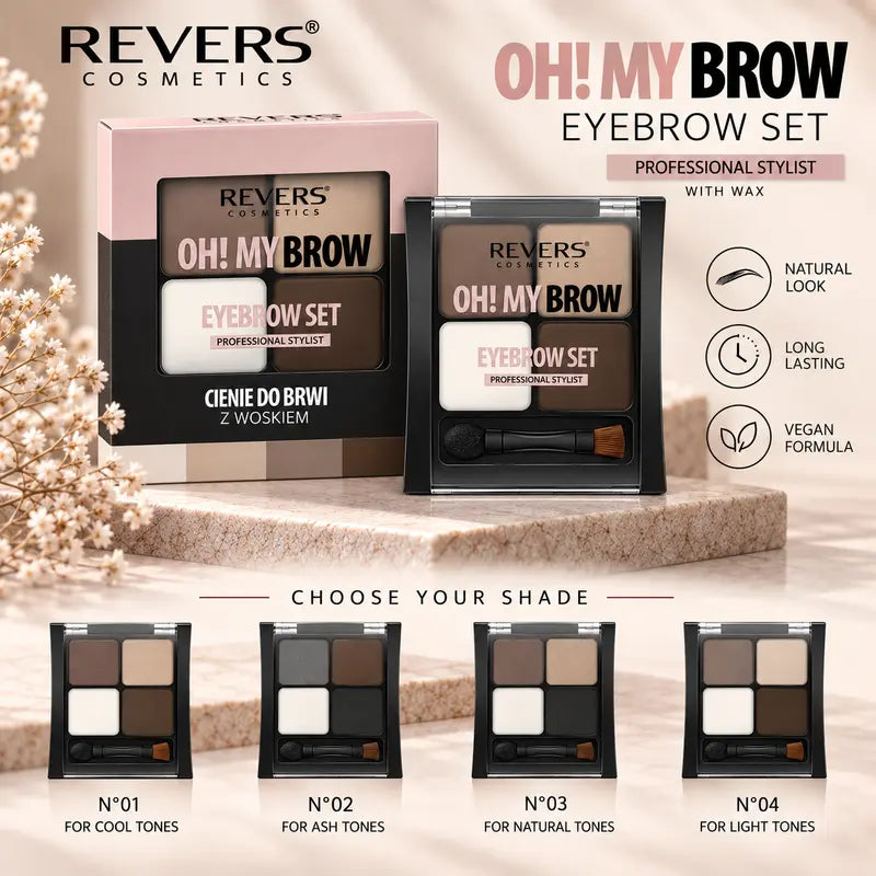 Oh! My Brow Eyebrow Powder & Wax Set 3 Brow Shadows, Setting Wax, Brush & Sponge Applicator Brow Defining, Filling &amp; Shaping Makeup Kit