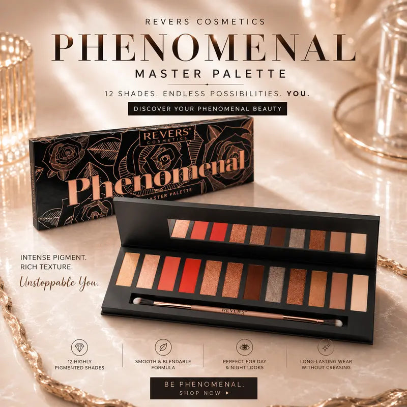 Phenomenal Black 12-Colour Eyeshadow Palette Vibrant, Blendable & Long-Lasting