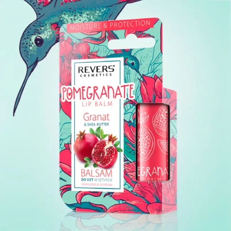 Pomegranate lip balm packaging with pomegranate illustration on a light blue background