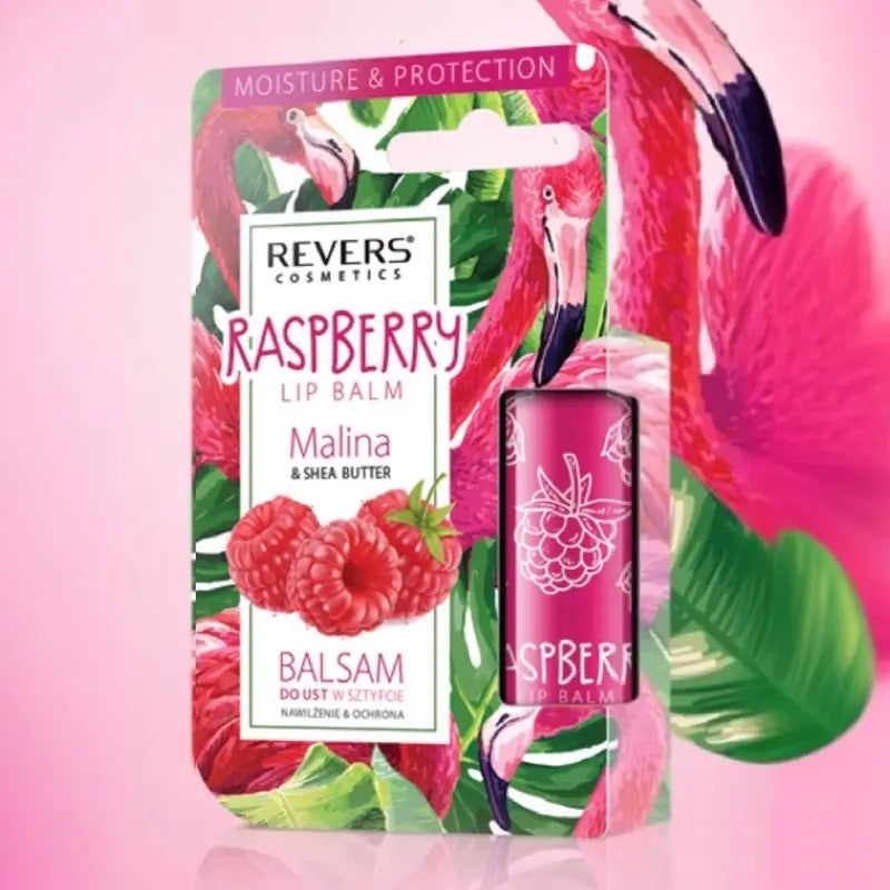 Raspberry Lip Balm packaging with flamingo and raspberry design on a pink background