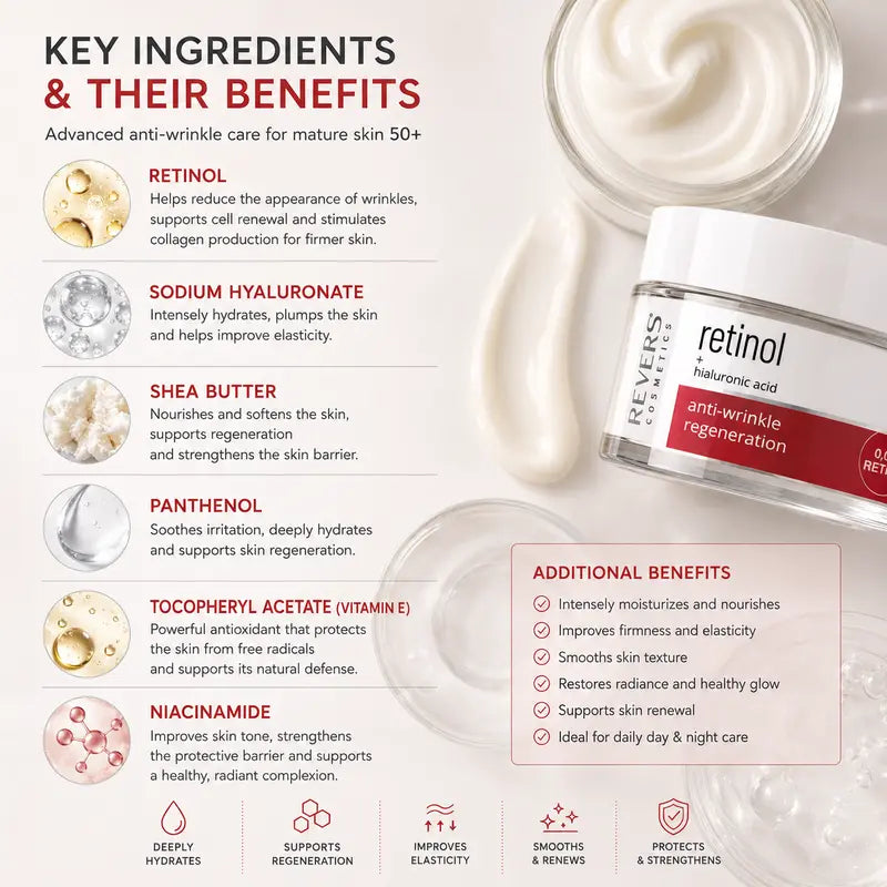 Retinol Face Cream 50+ with Hyaluronic Acid Anti-Wrinkle Firming Moisturiser Mature Skin Care Daily Hydration 50ml
