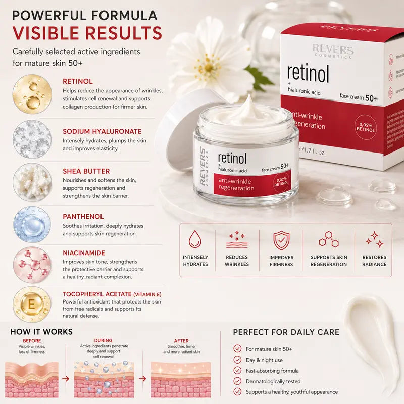 Retinol Face Cream 50+ with Hyaluronic Acid Anti-Wrinkle Firming Moisturiser Mature Skin Care Daily Hydration 50ml