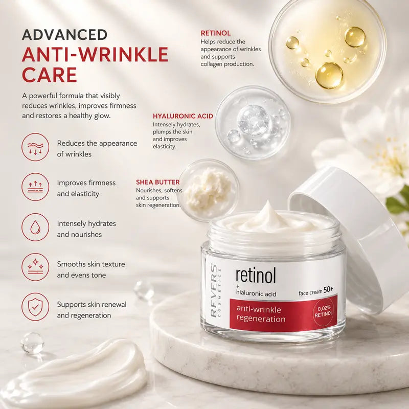 Retinol Face Cream 50+ with Hyaluronic Acid Anti-Wrinkle Firming Moisturiser Mature Skin Care Daily Hydration 50ml