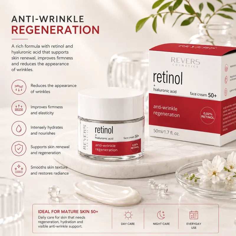 Retinol Face Cream 50+ with Hyaluronic Acid Anti-Wrinkle Firming Moisturiser Mature Skin Care Daily Hydration 50ml