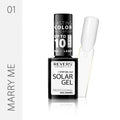 Solar Gel nail gel polish bottle with a white brush on a light gray background