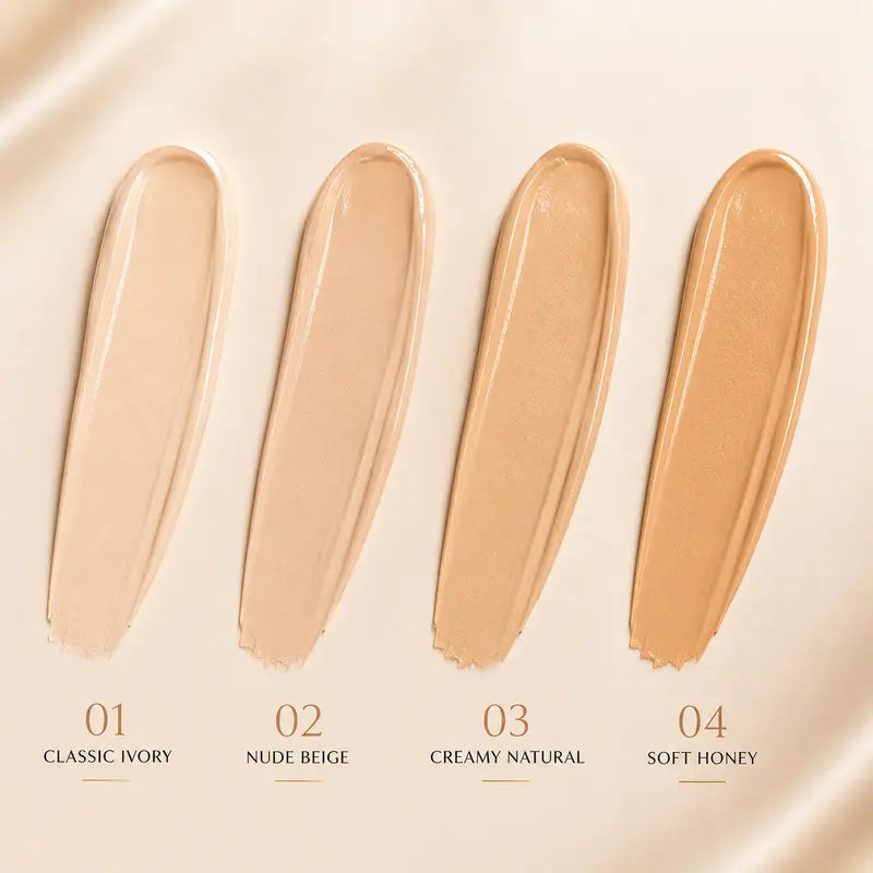 Four foundation or concealer swatches are shown in vertical streaks on a warm beige background, labeled 01 Classic Ivory, 02 Nude Beige, 03 Creamy Natural, and 04 Soft Honey with shade names underneath.
