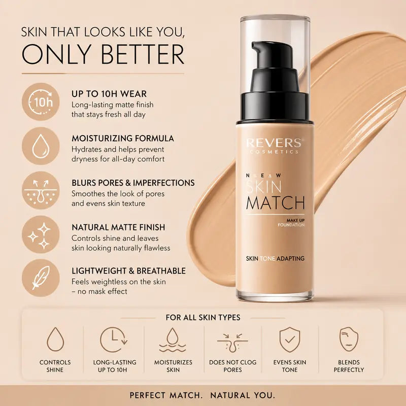 Revers Cosmetics Neat Skin Match Foundation bottle on a beige promotional background with product claims, texture swatches, and icons.