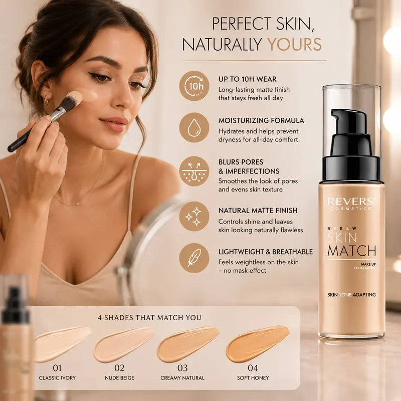 Reverses Beauty New Skin Match Fluid FF 30 SPF 30 foundation bottle shown next to a woman applying makeup, with text highlighting benefits and four shade swatches (Classic Ivory, Nude Beige, Creamy Natural, Soft Honey) at the bottom.