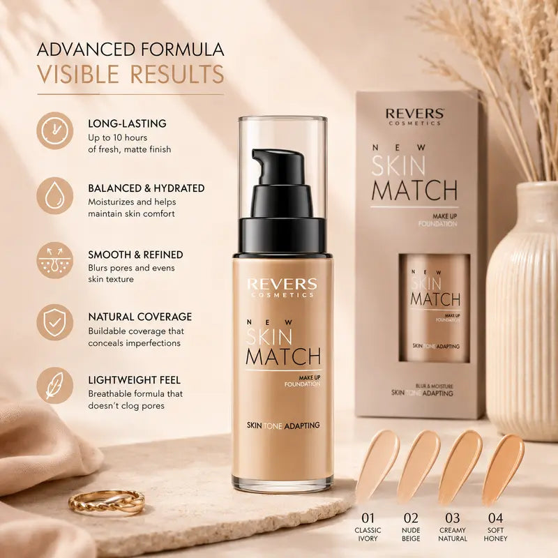 Revers Cosmetics New Skin Match Pressed Powder foundation bottle and its packaging box, displayed alongside four makeup swatches and marketing text on a warm beige background.