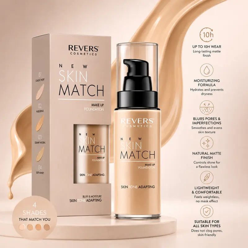 Revers Cosmetics New Skin Match Fluid Foundation in a beige shade, shown with its retail box and pump bottle on a beige background with product feature callouts on the right.