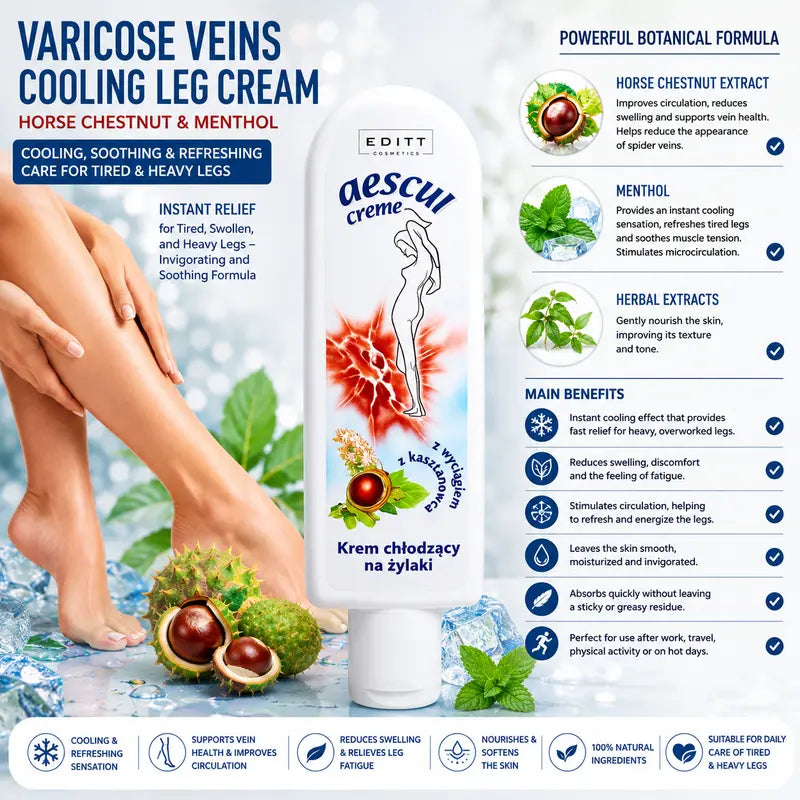 Varicose Veins Cooling Leg Cream Horse Chestnut & Menthol - Cooling, Soothing & Refreshing Care for Tired & Heavy Leg