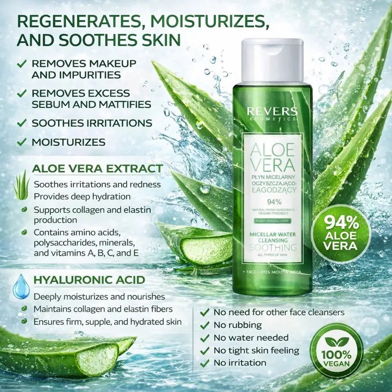 Aloe Vera Micellar Water with Hyaluronic Acid Gentle Cleansing and Soothing Formula for All Skin Types