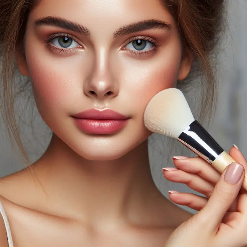 Woman applying banana powder with a brush on a neutral background