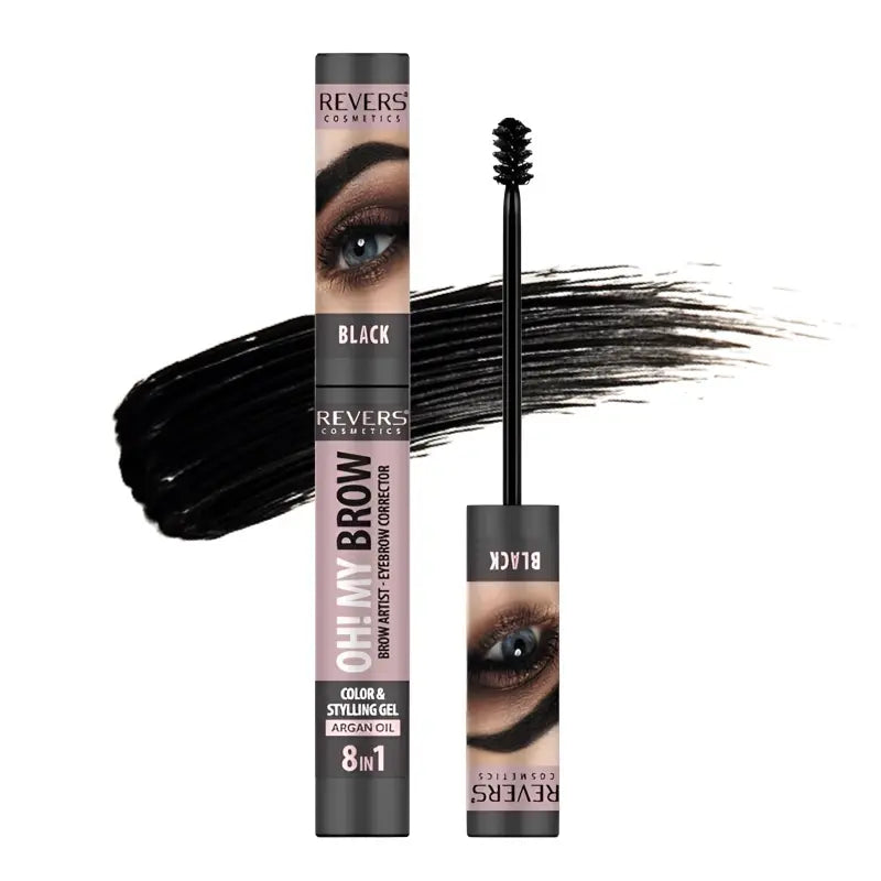 Revers Cosmetics Brow Black Eyebrow Styling Gel with packaging and application brush on a white background