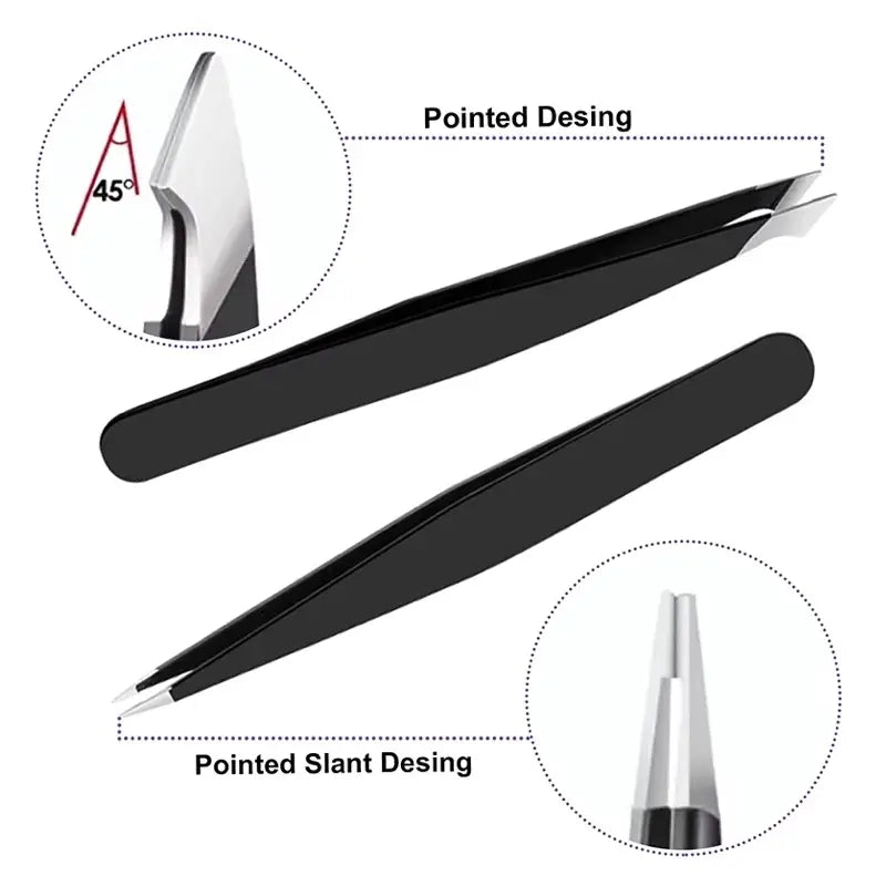 Black tweezers with pointed design on a white background
