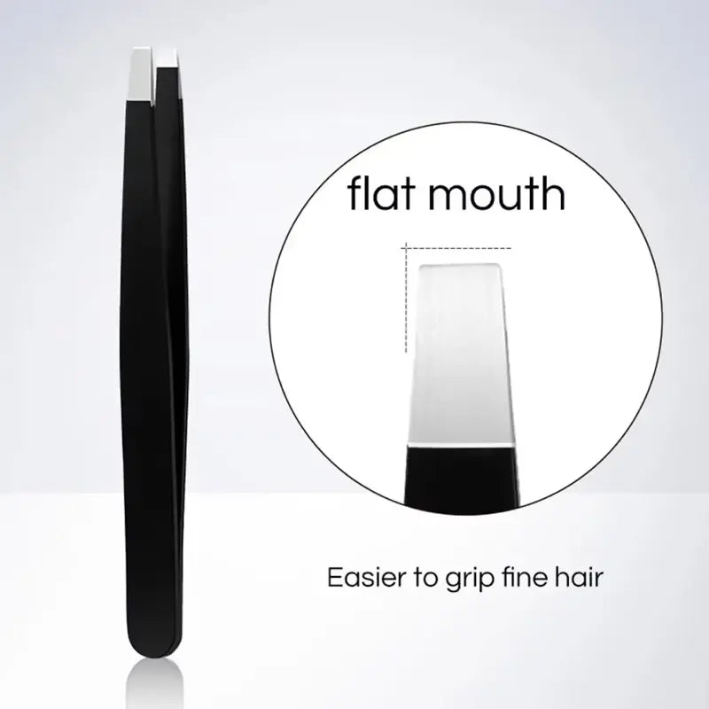 Black and silver flat mouth tweezer on a light gray background