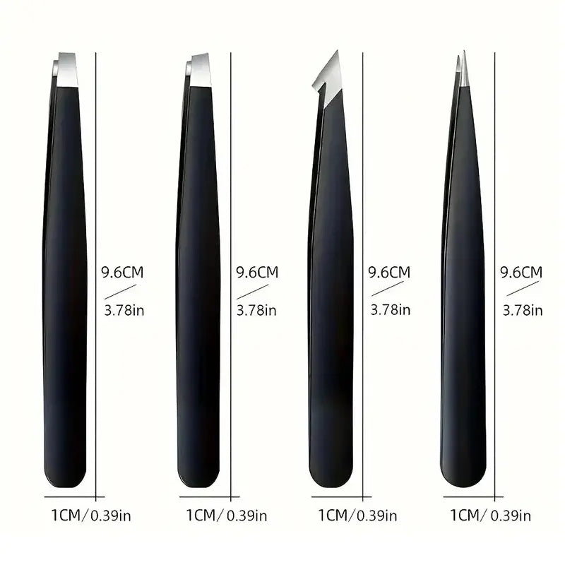 Set of four black tweezers with measurements indicated on a white background