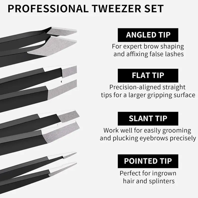 Professional tweezer set with different tips on a white background