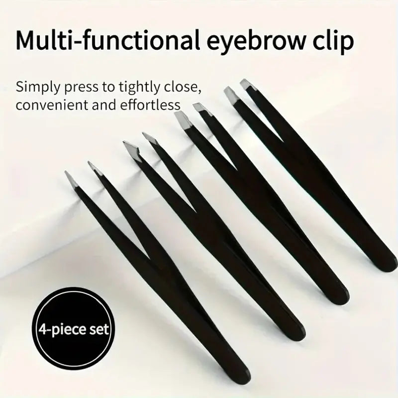 Set of black multi-functional eyebrow clips on a white background with text describing their use.
