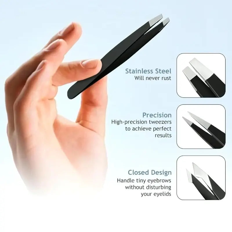 Hand holding a pair of high-precision tweezers with features highlighted on a light blue background.