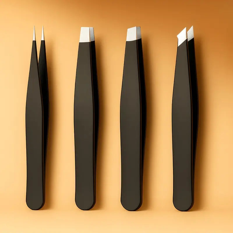 Black 4-Piece Stainless Steel Eyebrow Tweezers Set – Professional Precision Hair Removal Tools for Face, Brows & Lashes