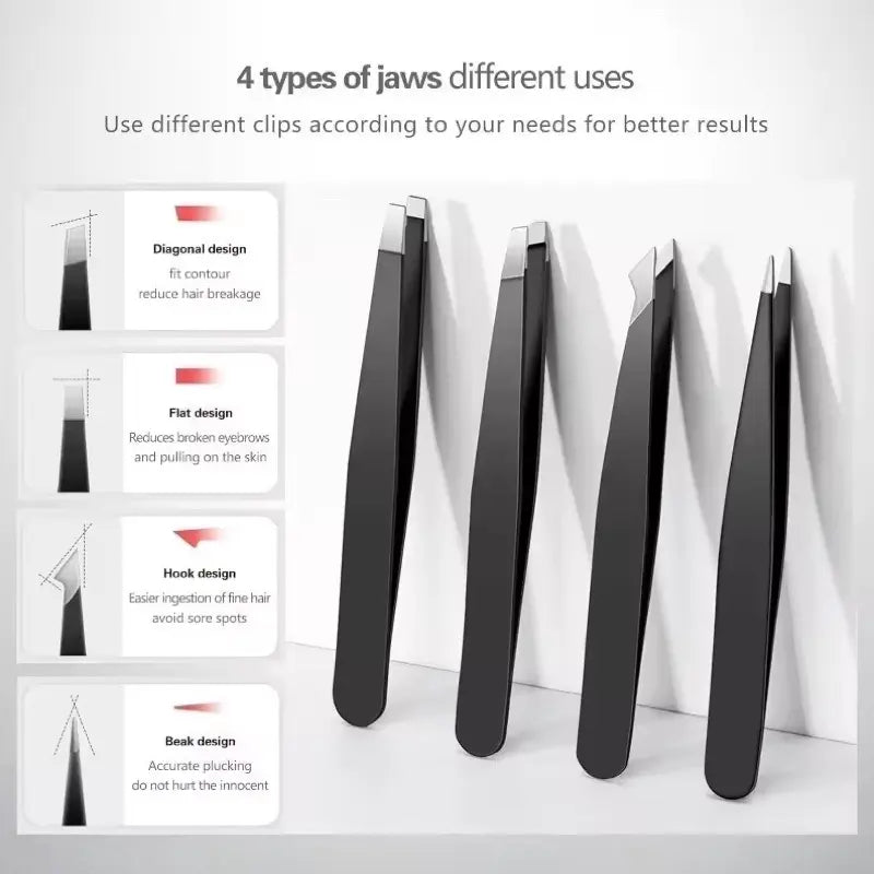 Black 4-Piece Stainless Steel Eyebrow Tweezers Set – Professional Precision Hair Removal Tools for Face, Brows & Lashes