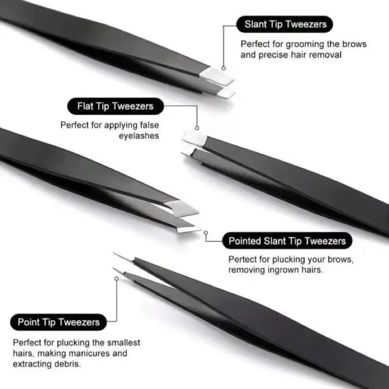 Set of tweezers with different tips on a white background